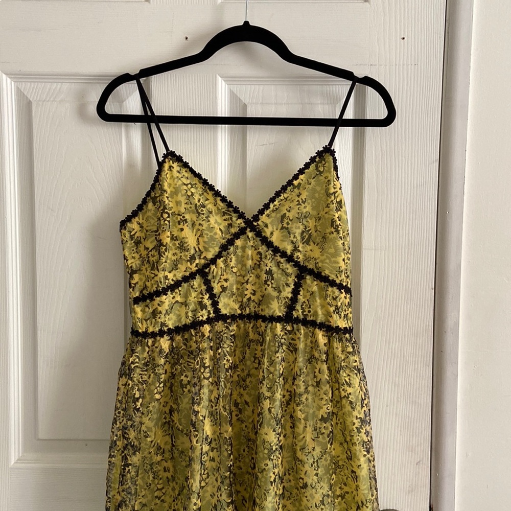 Bright Yellow Aqua Midi Dress with Corset Top and Lace Overlay